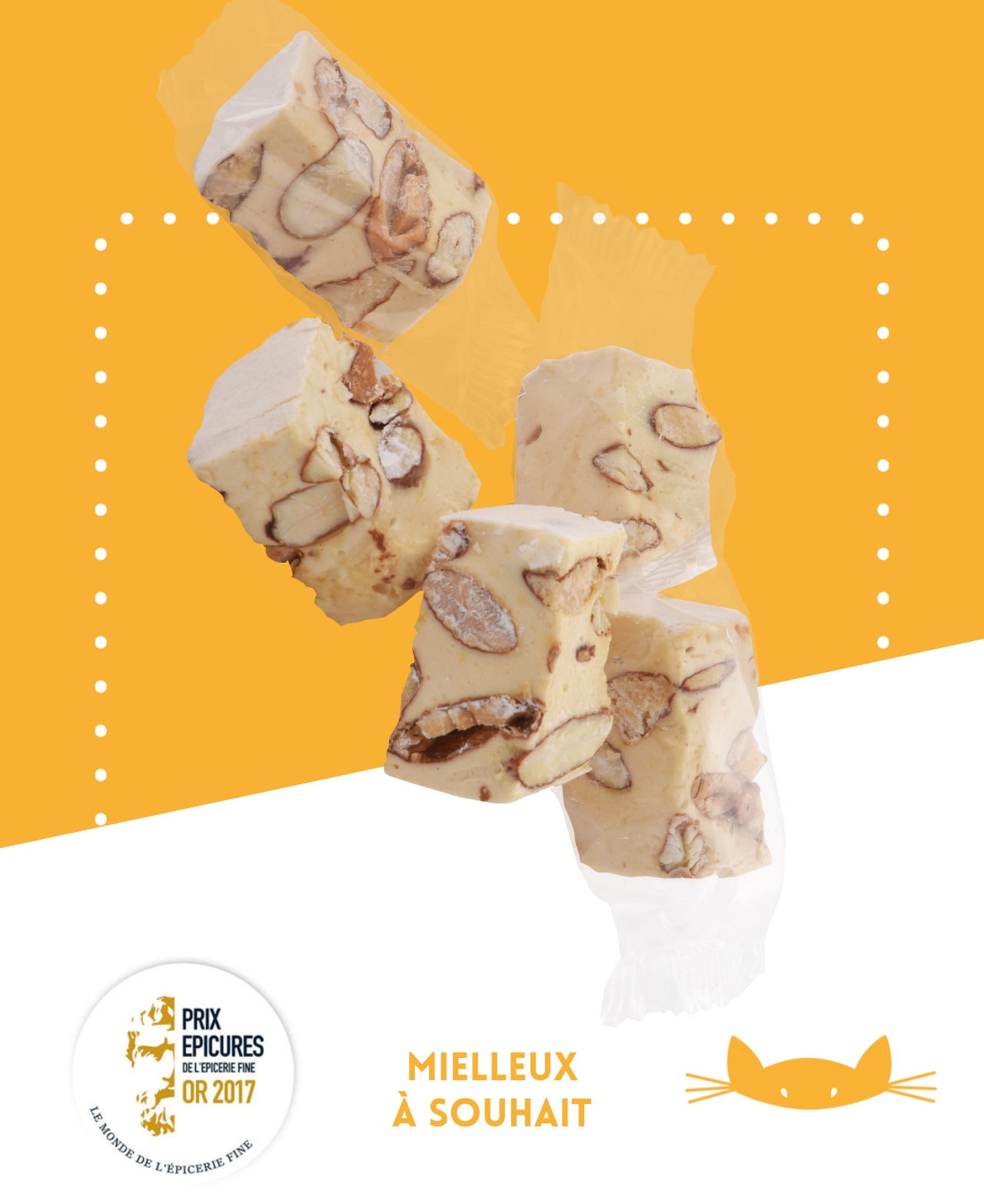 Nougat blanc extra miel avec une texture fondante, couleur jaune pastel et morceaux d'amandes.