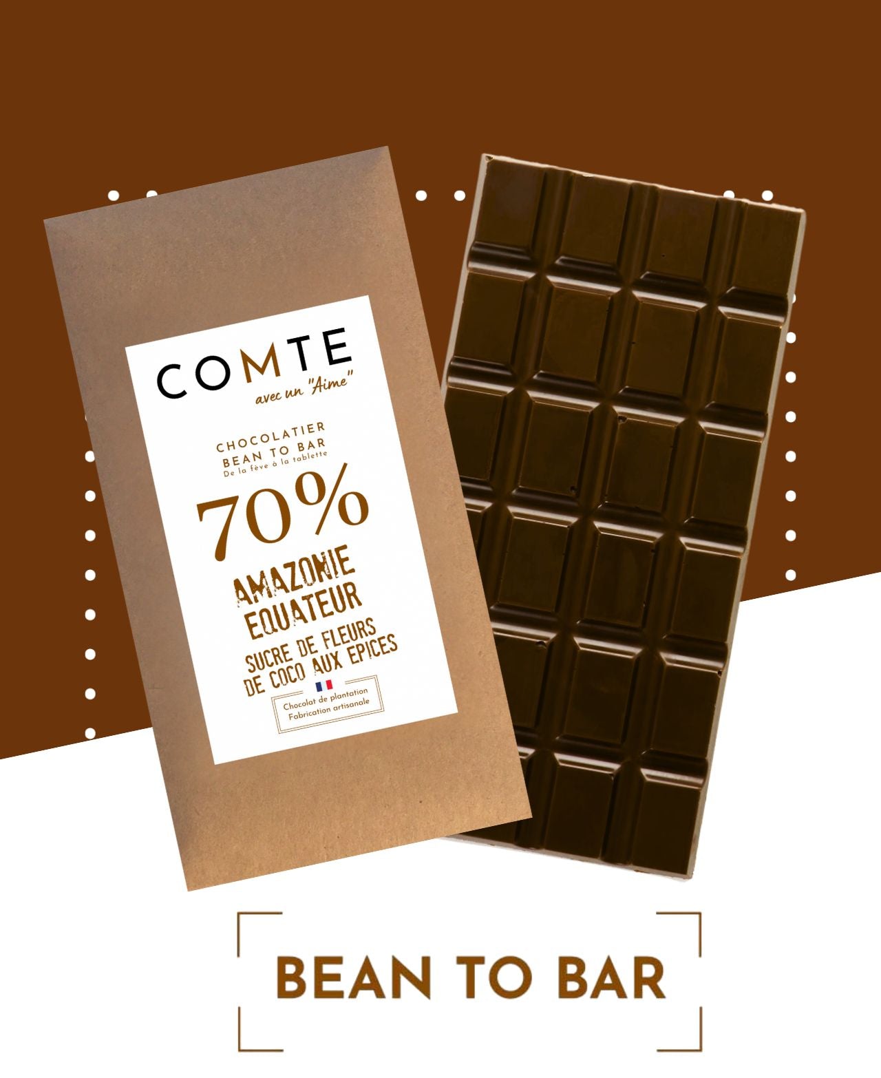 Tablette 60g : Chocolat noir 70% Cacao & Sucre de Fleurs de Coco et épices