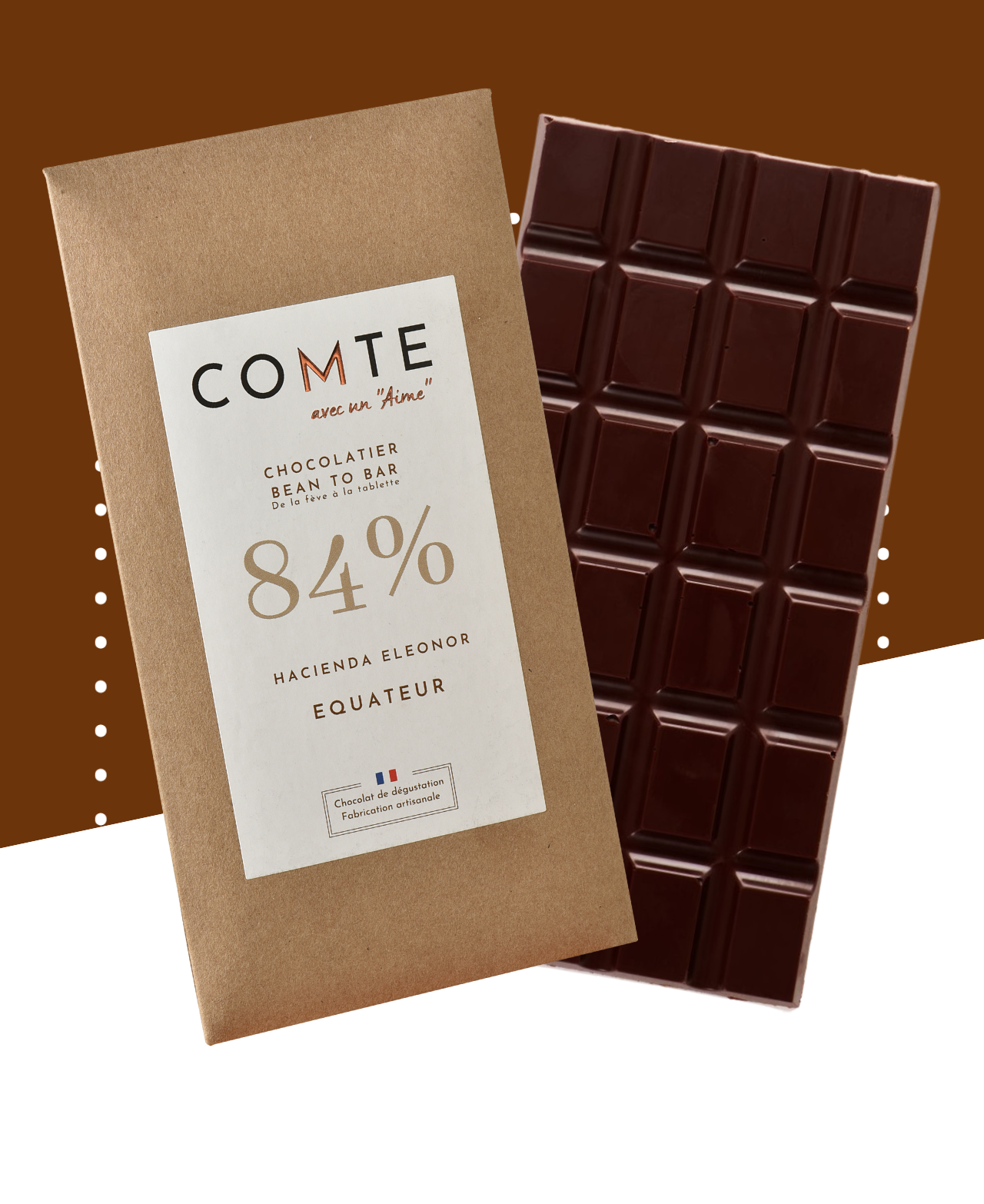 Tablette de chocolat noir 84% cacao d'Équateur, fine sans amertume, avec notes épicées.