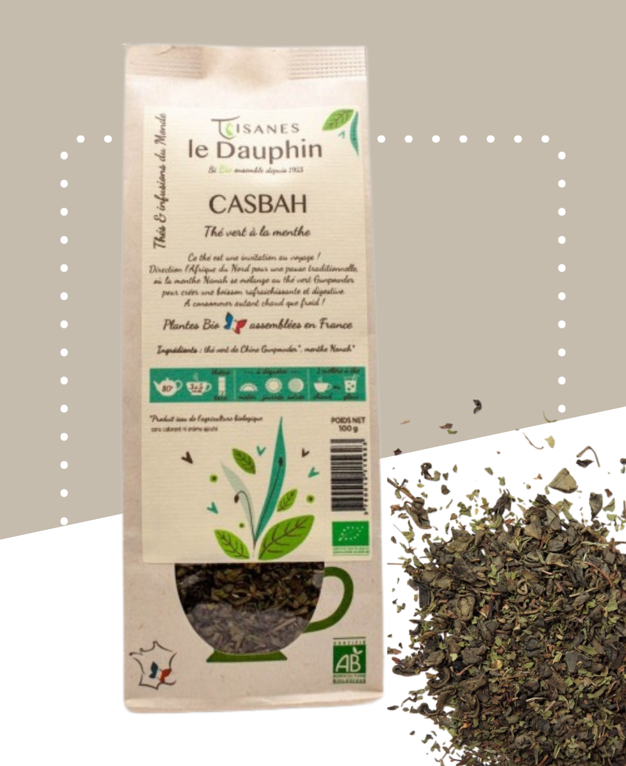 Thé vert Casbah bio avec menthe, présenté en sachet, idéal pour infusion chaude ou froide.