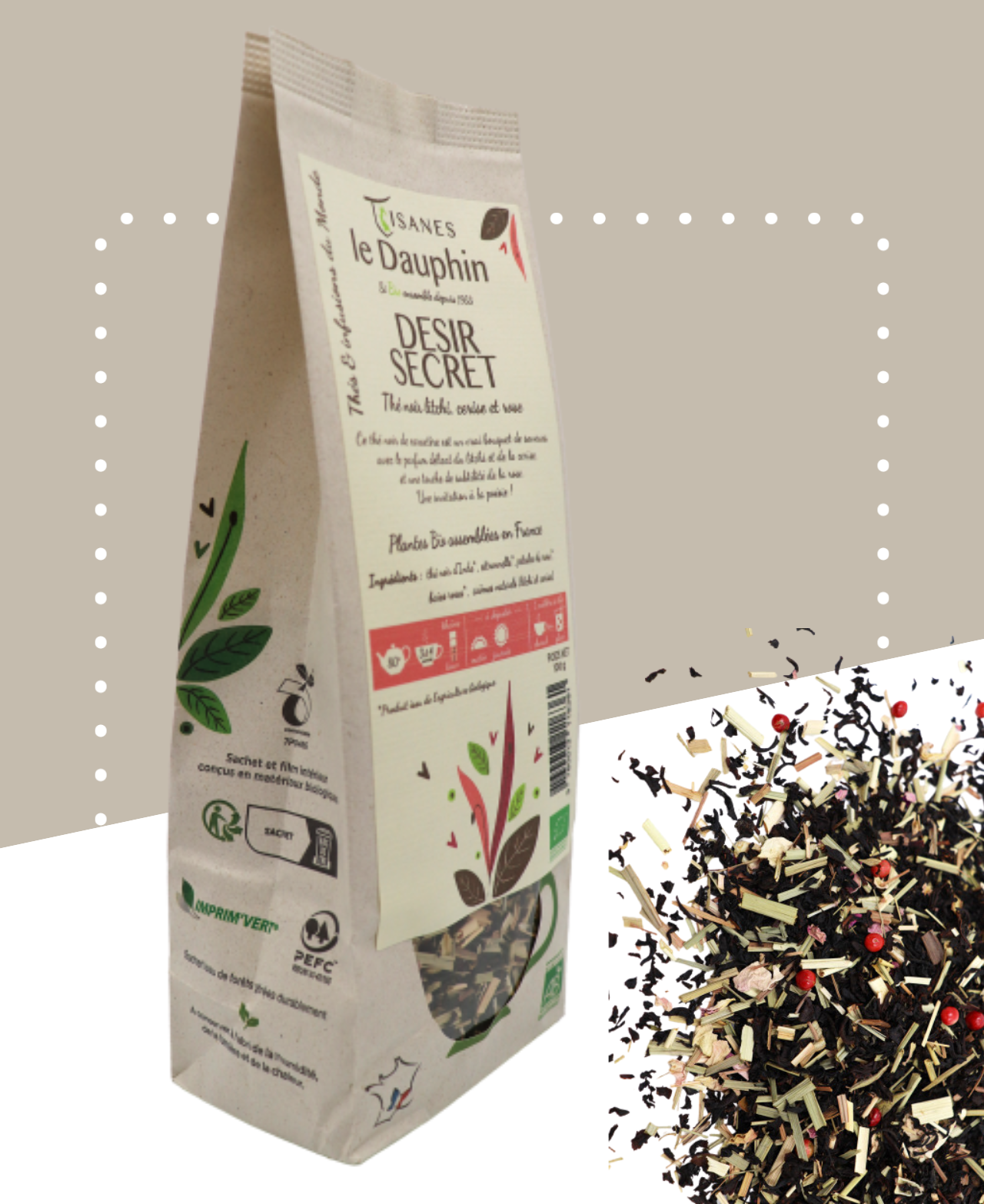 Boîte de thé noir bio Désir Secret avec arômes de cerise, litchi et citron vert.