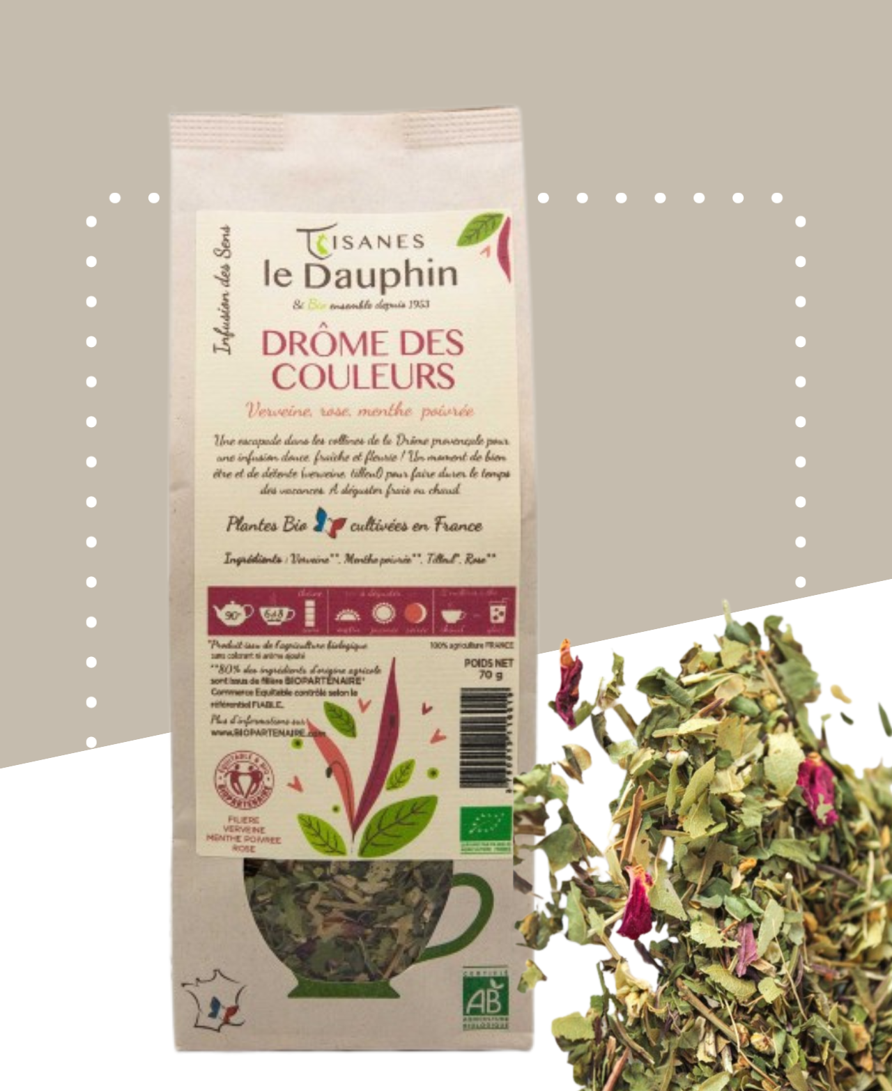 Tisane bio Drôme des couleurs avec verveine et tilleul, infusion fraîche et fleurie.