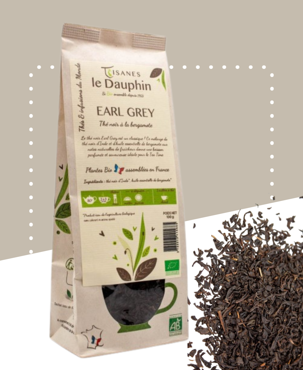 Boîte de thé noir Earl Grey bio avec un mélange de thé indien et d'huile de bergamote.