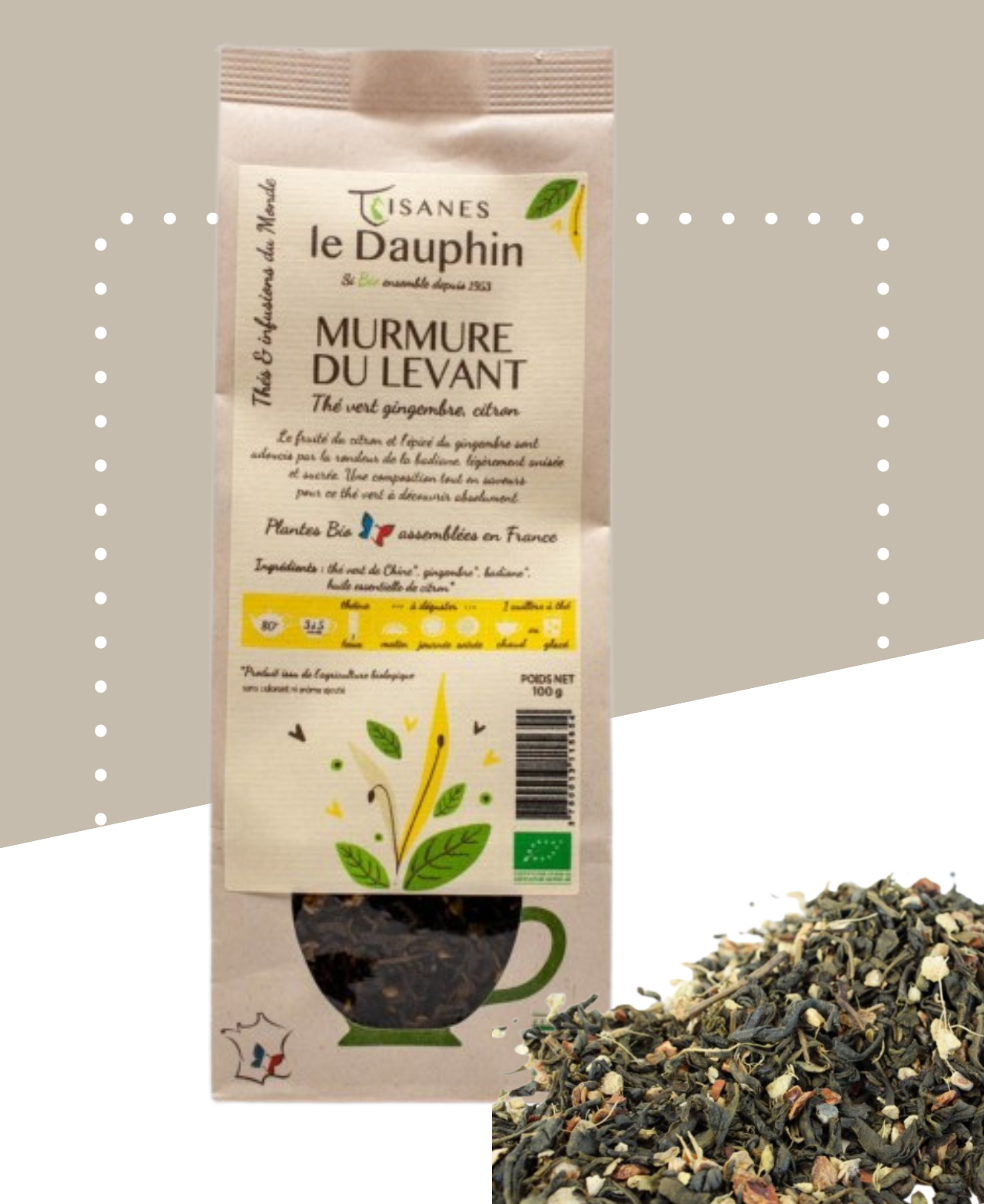 Boîte de thé vert bio Murmure du Levant avec citron, gingembre et badiane visible