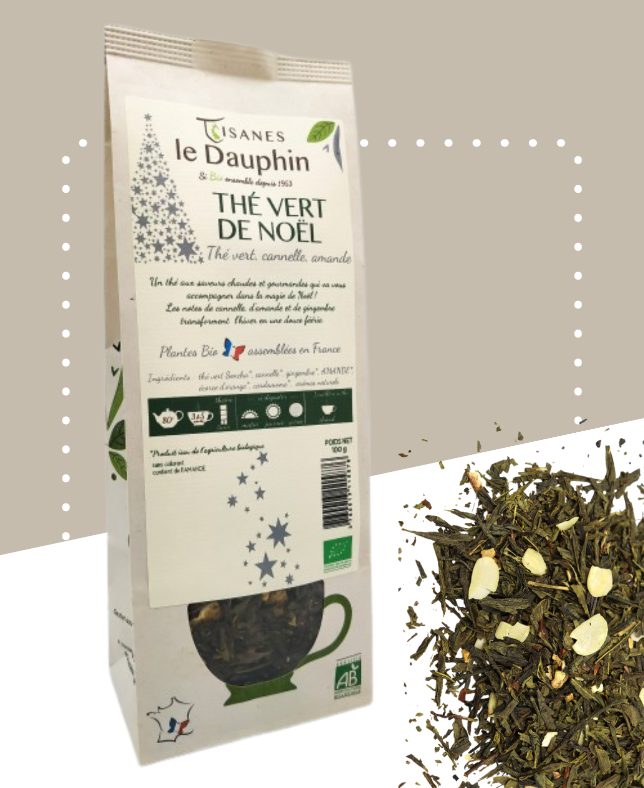 Thé vert bio aux saveurs de cannelle, amande et gingembre pour une ambiance festive.